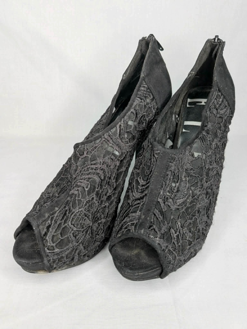 ELLE Black Lace Peep Toe Stiletto Heels Back Zip Size 9.5
